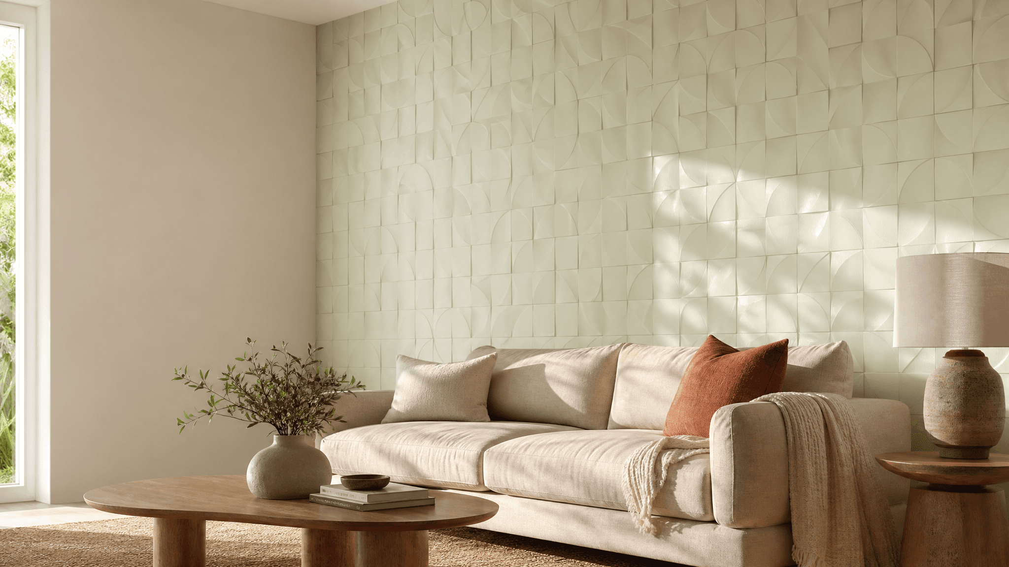 Living room with a full accent wall of soft peel-and-stick 3D decorative panels