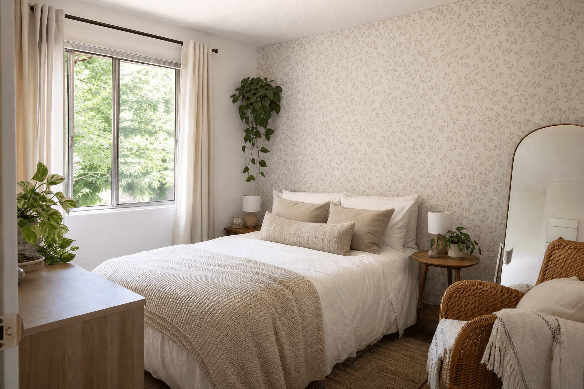 Rented bedroom wall refreshed with removable wallpaper